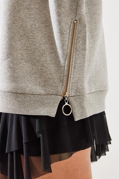Kadın Bisiklet Yaka Şardonlu Fermuar Detaylı Basic Sweatshirt 60251796 - Gri Melanj