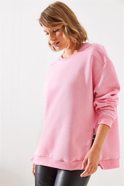 Kadın Bisiklet Yaka Şardonlu Fermuar Detaylı Basic Sweatshirt 60251796 - Pembe