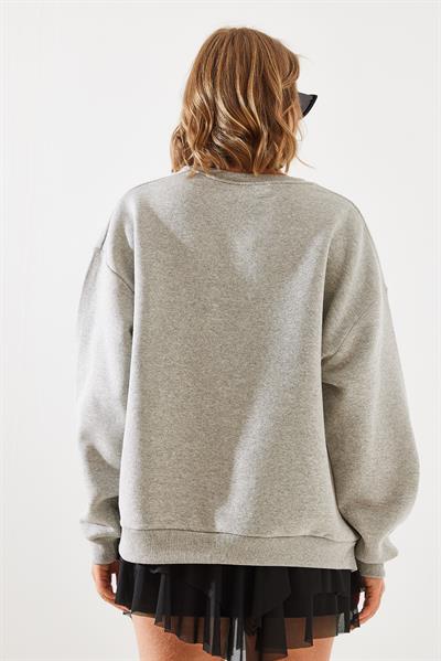 Kadın Bisiklet Yaka Şardonlu Fermuar Detaylı Basic Sweatshirt 60251796 - Gri Melanj