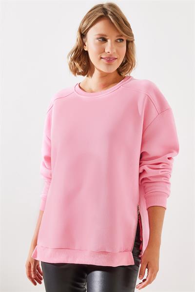 Kadın Bisiklet Yaka Şardonlu Fermuar Detaylı Basic Sweatshirt 60251796 - Pembe