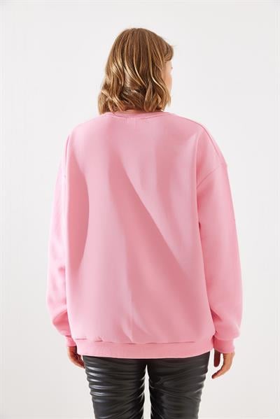 Kadın Bisiklet Yaka Şardonlu Fermuar Detaylı Basic Sweatshirt 60251796 - Pembe