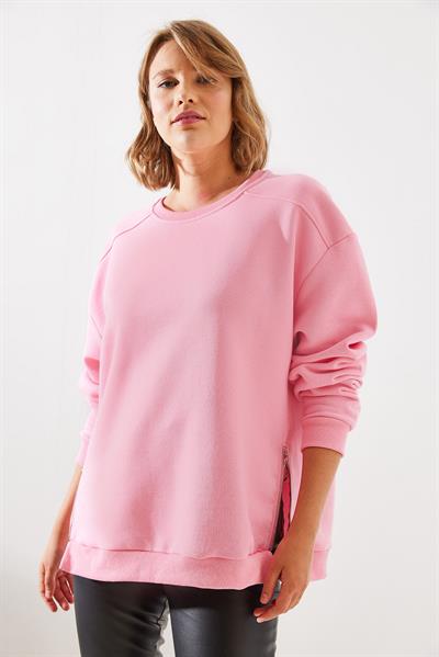Kadın Bisiklet Yaka Şardonlu Fermuar Detaylı Basic Sweatshirt 60251796 - Pembe