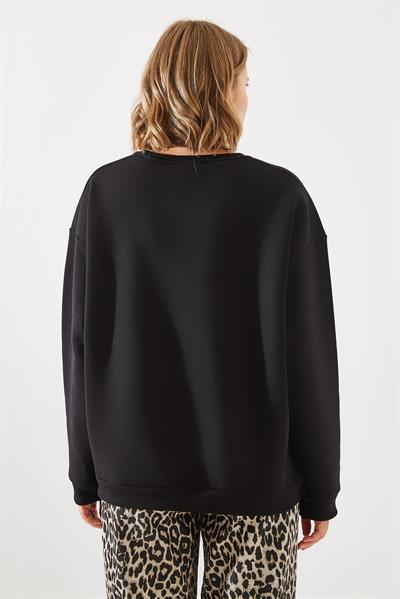 Kadın Bisiklet Yaka Şardonlu Fermuar Detaylı Basic Sweatshirt 60251796 - Siyah