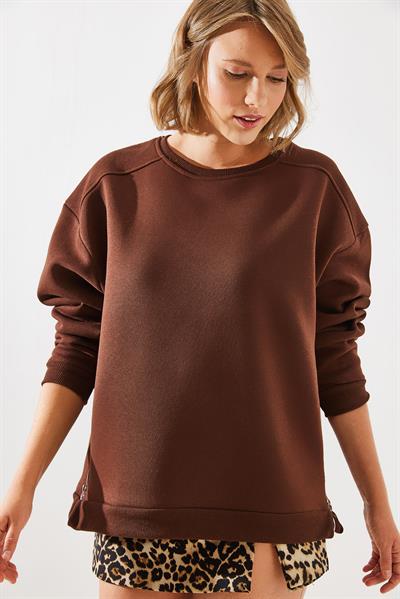 Kadın Bisiklet Yaka Şardonlu Fermuar Detaylı Basic Sweatshirt 60251796 - Kahverengi