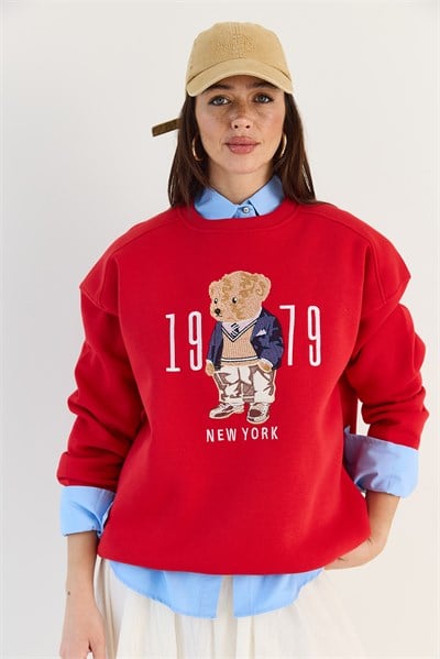 Bisiklet Yaka Teddy Nakış Detaylı Sweat 10417 60284066 - Kırmızı