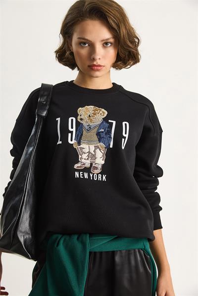 Kadın Bisiklet Yaka Teddy Nakış Detaylı Sweat 10417 60284066 - Siyah