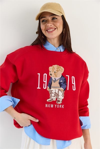Bisiklet Yaka Teddy Nakış Detaylı Sweat 10417 60284066 - Kırmızı