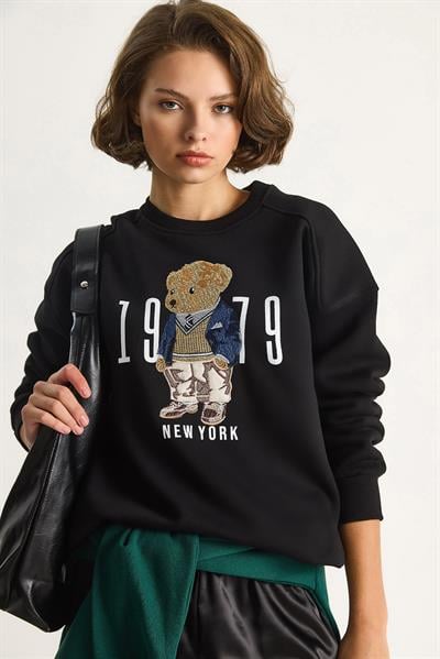 Kadın Bisiklet Yaka Teddy Nakış Detaylı Sweat 10417 60284066 - Siyah