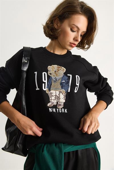 Kadın Bisiklet Yaka Teddy Nakış Detaylı Sweat 10417 60284066 - Siyah
