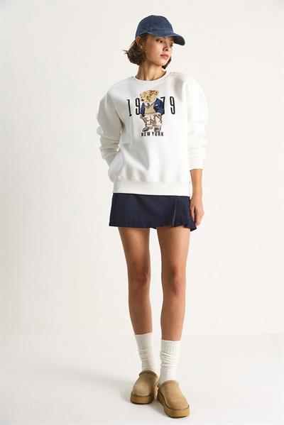 Kadın Bisiklet Yaka Teddy Nakış Detaylı Sweat 10417 60284066 - Beyaz
