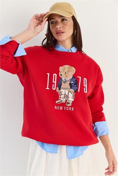 Bisiklet Yaka Teddy Nakış Detaylı Sweat 10417 60284066 - Kırmızı