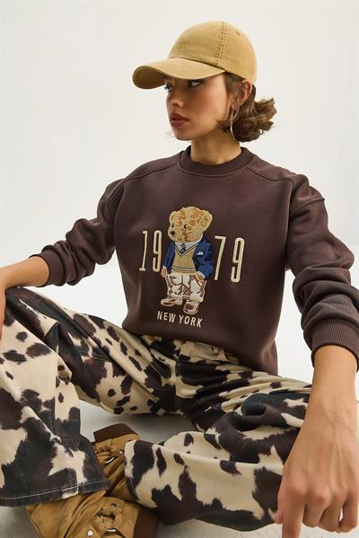 Kadın Bisiklet Yaka Teddy Nakış Detaylı Sweat 10417 60284066 - Kahverengi