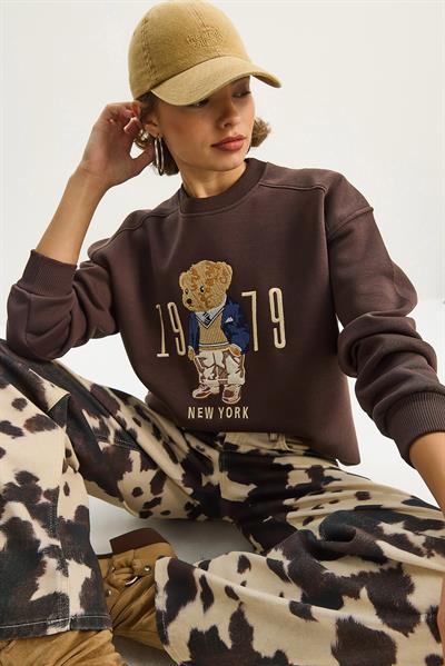Kadın Bisiklet Yaka Teddy Nakış Detaylı Sweat 10417 60284066 - Kahverengi