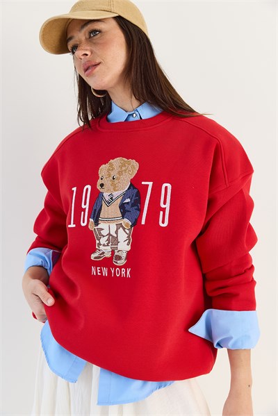 Bisiklet Yaka Teddy Nakış Detaylı Sweat 10417 60284066 - Kırmızı