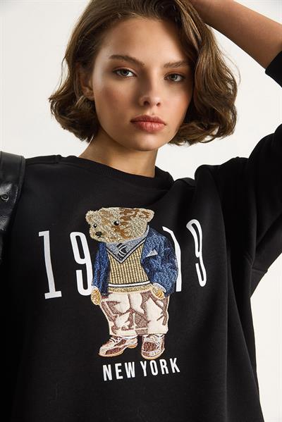 Kadın Bisiklet Yaka Teddy Nakış Detaylı Sweat 10417 60284066 - Siyah