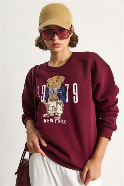 Kadın Bisiklet Yaka Teddy Nakış Detaylı Sweat 10417 60284066 - Bordo