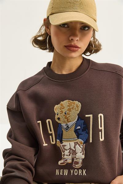 Kadın Bisiklet Yaka Teddy Nakış Detaylı Sweat 10417 60284066 - Kahverengi