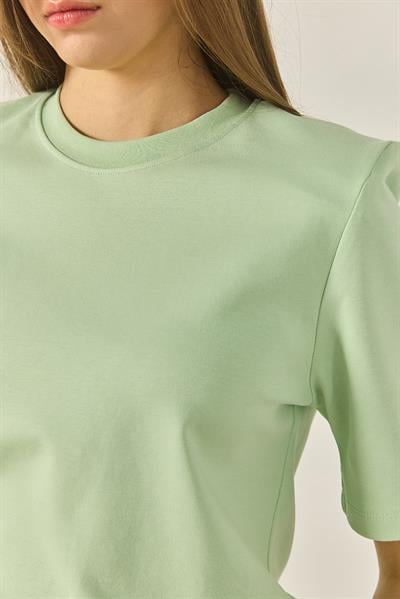 Kadın Bisiklet Yaka Vatkalı Pamuklu Basic T-Shirt 241134 60283128 - Su Yeşili