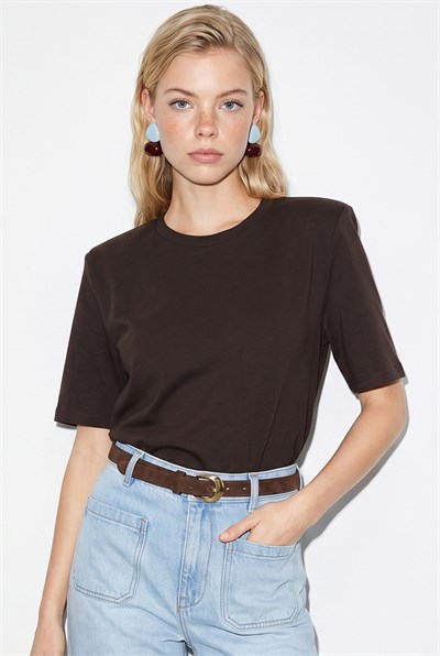 Bisiklet Yaka Vatkalı Pamuklu Basic T-Shirt 241134 60283128 - Acı Kahve
