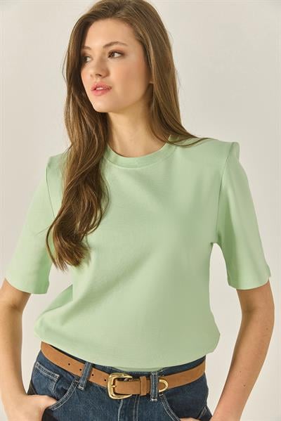 Kadın Bisiklet Yaka Vatkalı Pamuklu Basic T-Shirt 241134 60283128 - Su Yeşili