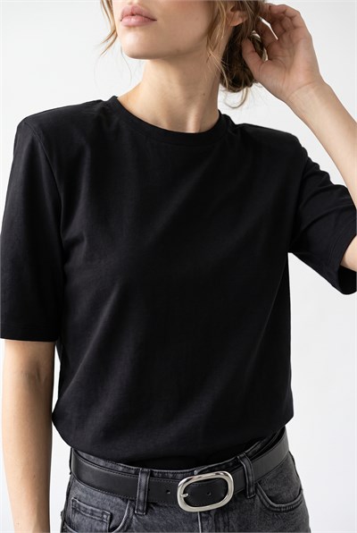Bisiklet Yaka Vatkalı Pamuklu Basic T-Shirt 241134 60283128 - Siyah
