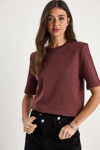 Kadın Bisiklet Yaka Vatkalı Pamuklu Basic T-Shirt 241134 60283128 - Koyu Kızıl Kahve