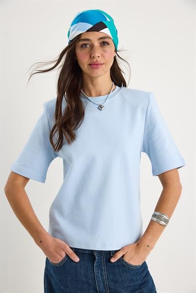 Kadın Bisiklet Yaka Vatkalı Pamuklu Basic T-Shirt 241134 60283128 - Bebe Mavisi