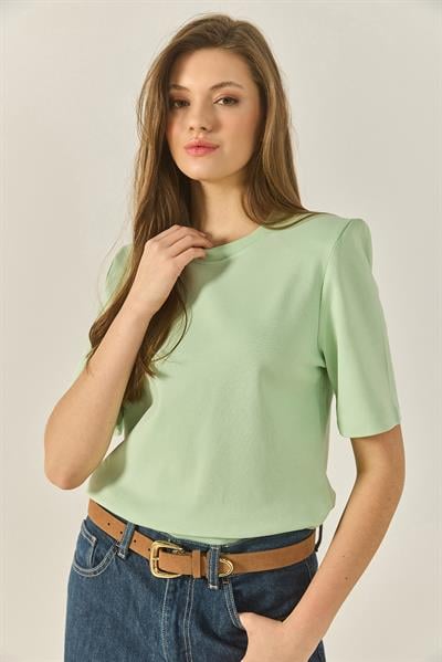 Kadın Bisiklet Yaka Vatkalı Pamuklu Basic T-Shirt 241134 60283128 - Su Yeşili