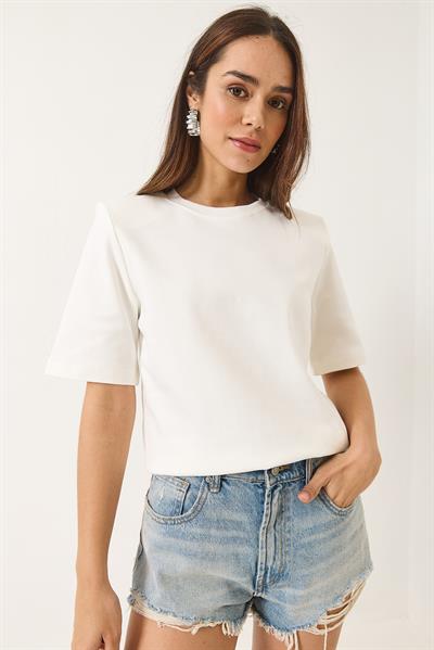 Kadın Bisiklet Yaka Vatkalı Pamuklu Basic T-Shirt 241134 60283128 - Beyaz