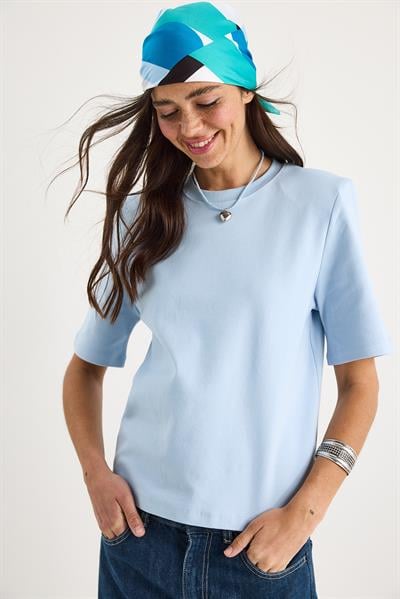 Kadın Bisiklet Yaka Vatkalı Pamuklu Basic T-Shirt 241134 60283128 - Bebe Mavisi