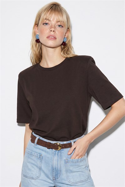 Bisiklet Yaka Vatkalı Pamuklu Basic T-Shirt 241134 60283128 - Acı Kahve