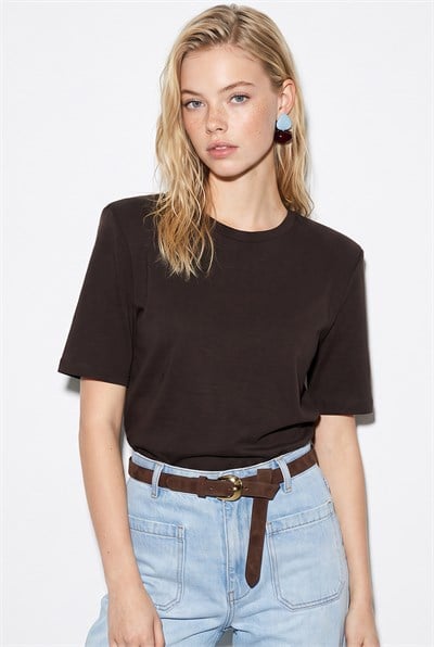 Bisiklet Yaka Vatkalı Pamuklu Basic T-Shirt 241134 60283128 - Acı Kahve