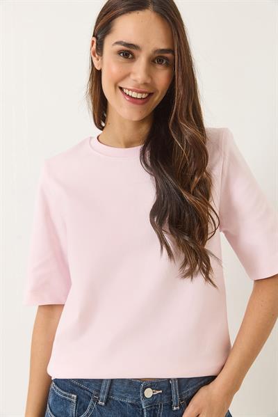Kadın Bisiklet Yaka Vatkalı Pamuklu Basic T-Shirt 241134 60283128 - Açık Pudra