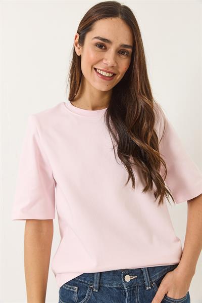 Kadın Bisiklet Yaka Vatkalı Pamuklu Basic T-Shirt 241134 60283128 - Açık Pudra
