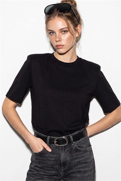 Bisiklet Yaka Vatkalı Pamuklu Basic T-Shirt 241134 60283128 - Siyah