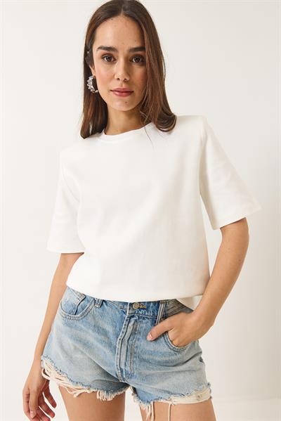 Kadın Bisiklet Yaka Vatkalı Pamuklu Basic T-Shirt 241134 60283128 - Beyaz