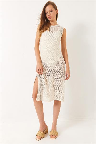 Kadın Bisiklet Yaka Yırtmaç Detaylı Ajurlu Plaj Elbisesi 60261527 - Ekru