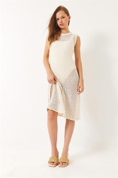 Kadın Bisiklet Yaka Yırtmaç Detaylı Ajurlu Plaj Elbisesi 60261527 - Ekru