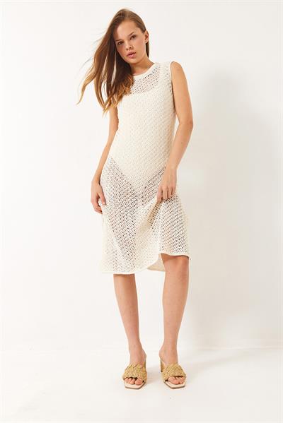 Kadın Bisiklet Yaka Yırtmaç Detaylı Ajurlu Plaj Elbisesi 60261527 - Ekru