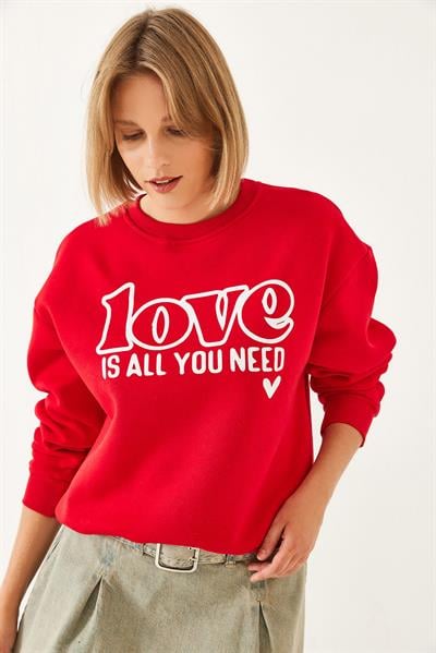 Kadın Bol Kesim Yuvarlak Yaka Sweatshirt MBHS022 60601022 - Kırmızı