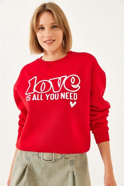 Kadın Bol Kesim Yuvarlak Yaka Sweatshirt MBHS022 60601022 - Kırmızı