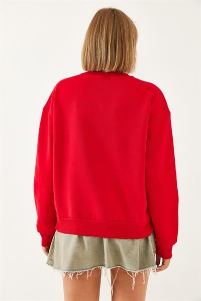 Kadın Bol Kesim Yuvarlak Yaka Sweatshirt MBHS022 60601022 - Kırmızı