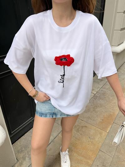 Kadın Boncuk El İşi İşlemeli Penye Tshirt 60211012 - Beyaz