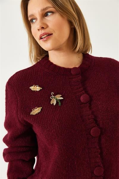 Broş Detaylı Triko Hırka 20246254 - Bordo