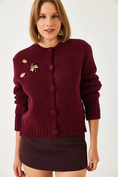 Broş Detaylı Triko Hırka 20246254 - Bordo