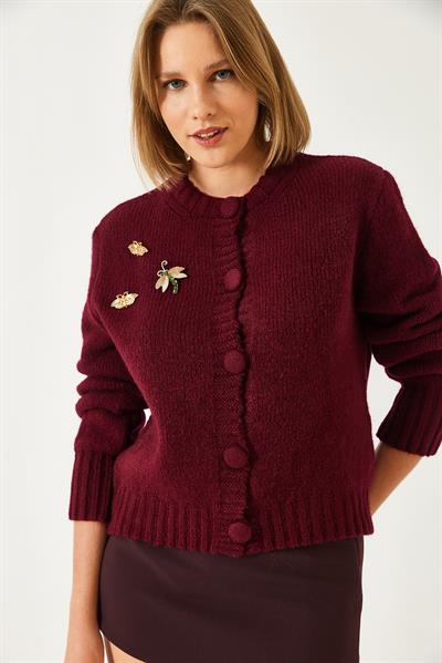 Broş Detaylı Triko Hırka 20246254 - Bordo