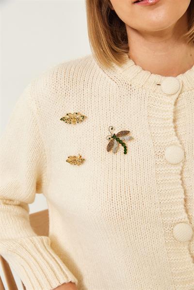 Broş Detaylı Triko Hırka 20246254 - Ekru