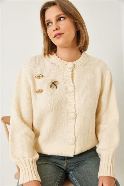 Broş Detaylı Triko Hırka 20246254 - Ekru