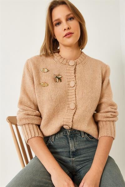 Broş Detaylı Triko Hırka 20246254 - Pudra