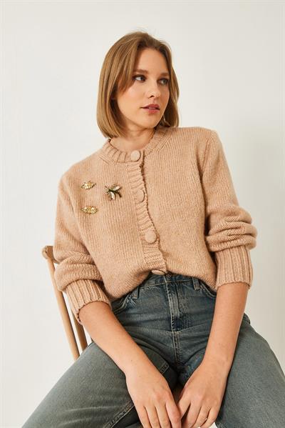 Broş Detaylı Triko Hırka 20246254 - Pudra